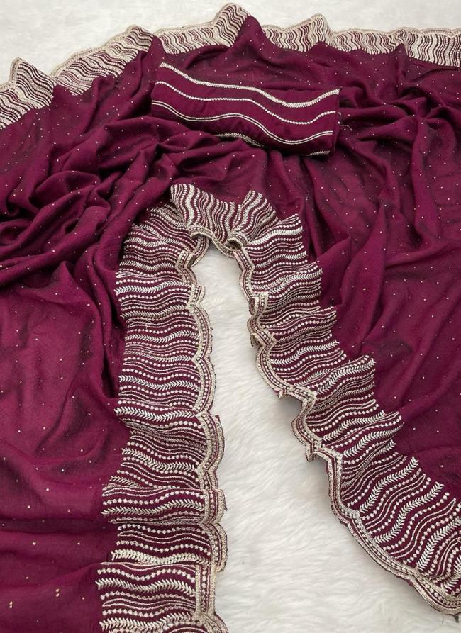 Blooming Vichitra Purple Traditional Wear Thread Work Saree